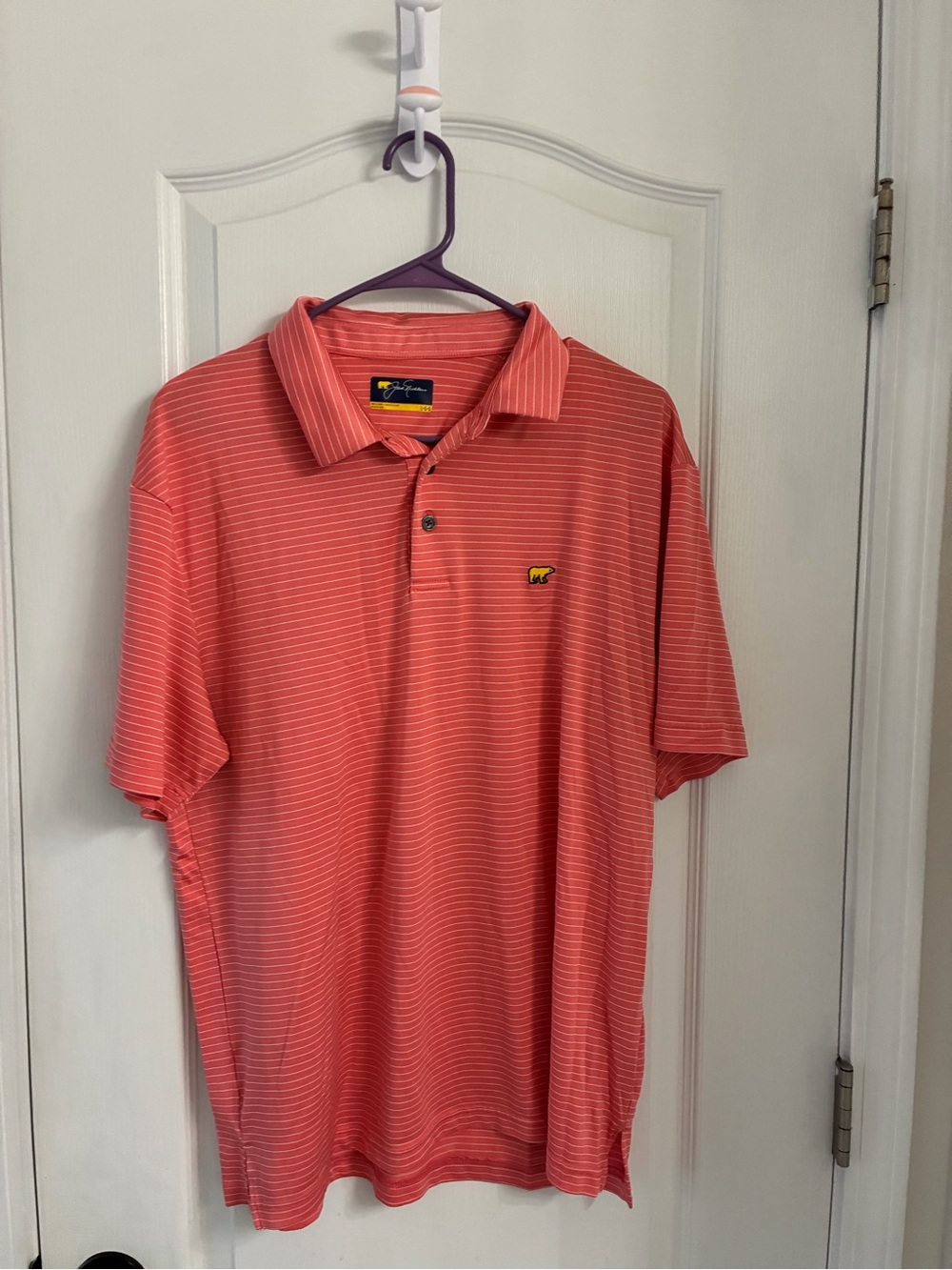 Men's Coral Striped Polo with Contrast Patch Logo